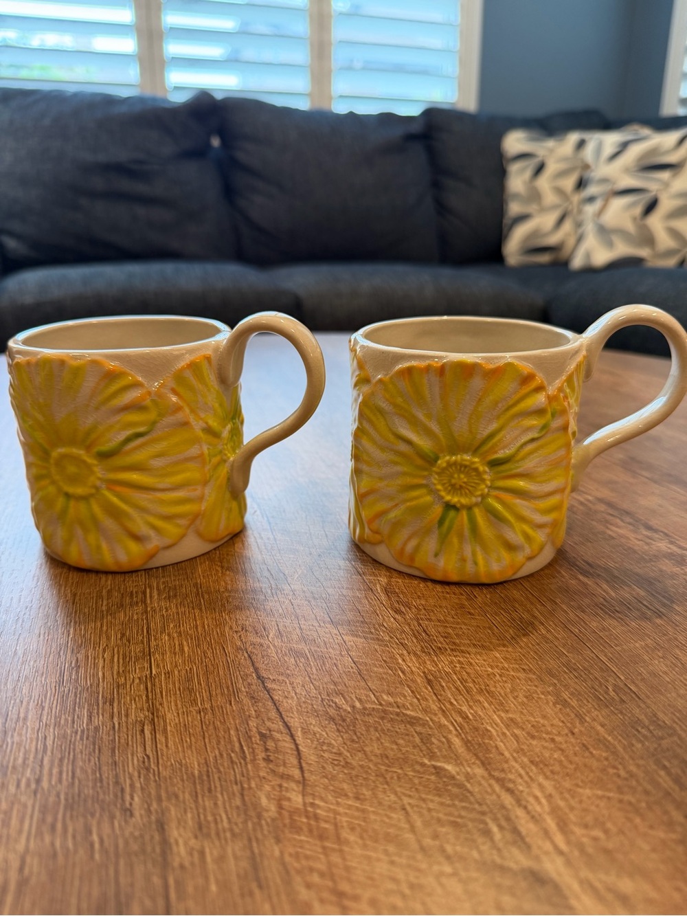 Anthropologie Lilypad - Yellow Floral Ceramic Mugs - Set of 2